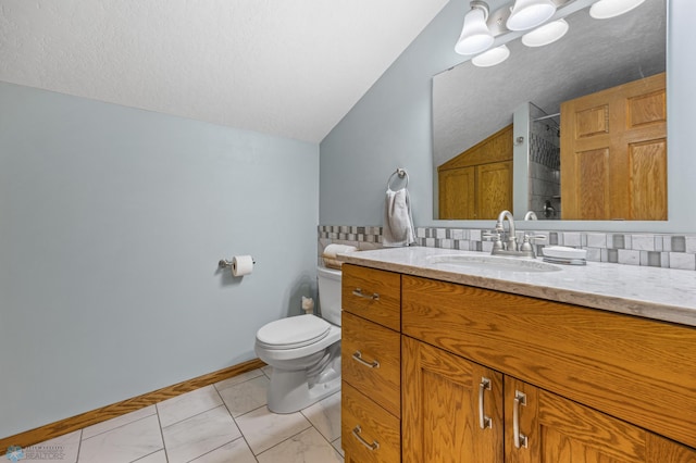 20482 28th Ave N, Cromwell Twp, MN 56549 - bathroom with vanity, toilet, lofted ceiling, a shower, and backsplash