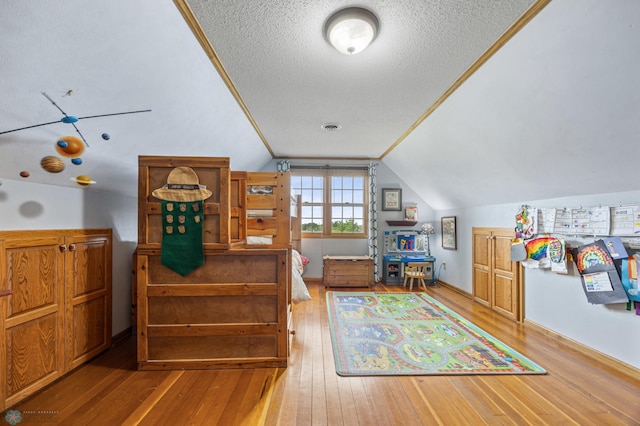 20482 28th Ave N, Cromwell Twp, MN 56549 - rec room featuring wood-type flooring, vaulted ceiling, and a textured ceiling