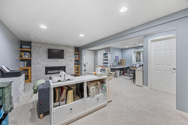 20482 28th Ave N, Cromwell Twp, MN 56549 - carpeted living area with recessed lighting, a large fireplace, and baseboards