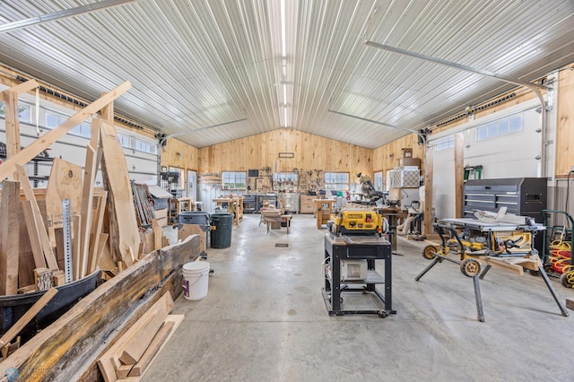 20482 28th Ave N, Cromwell Twp, MN 56549 - miscellaneous room with lofted ceiling, concrete flooring, a workshop area, and a garage