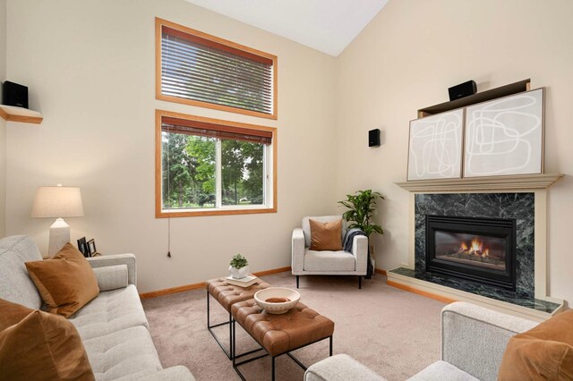 547 Woodduck Dr Unit G, Woodbury, MN 55125 - living area featuring carpet flooring, a premium fireplace, baseboards, and high vaulted ceiling