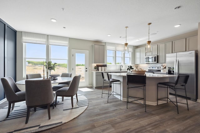 10383 Glacier Ln N, Maple Grove, MN 55369 - kitchen with stainless steel appliances, gray cabinetry, a center island, a breakfast bar, and light countertops