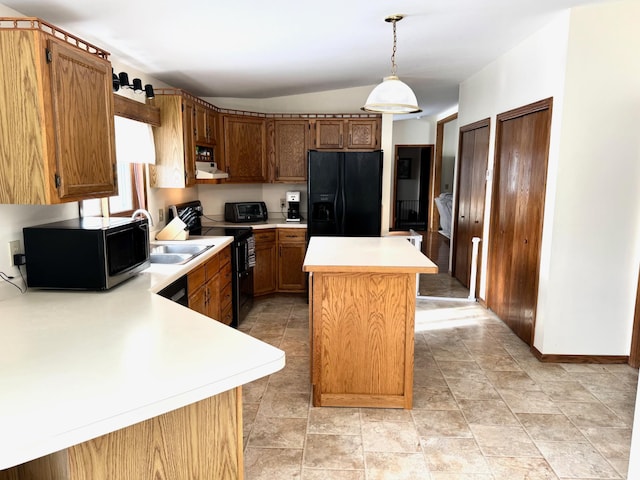 103 8th St SW, Roseau, MN 56751 - kitchen with black appliances, range hood, light countertops, a kitchen island, and vaulted ceiling