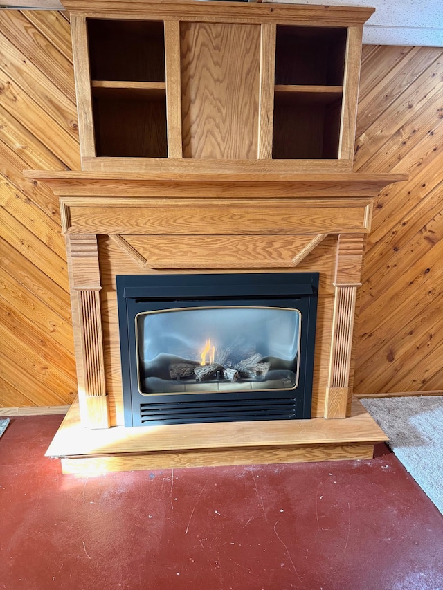 103 8th St SW, Roseau, MN 56751 - detailed view of a warm lit fireplace, wooden walls, and carpet flooring