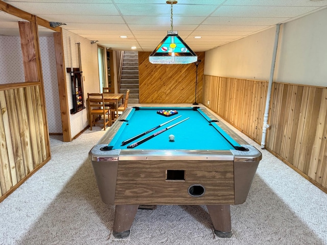 103 8th St SW, Roseau, MN 56751 - recreation room with carpet floors, billiards table, wood walls, wainscoting, and baseboards