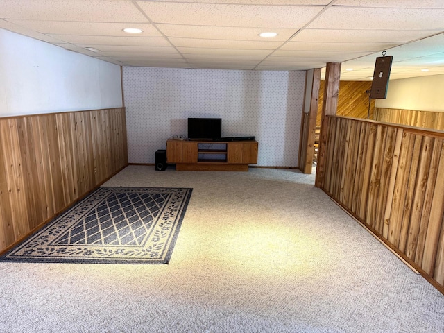 103 8th St SW, Roseau, MN 56751 - finished basement with a drop ceiling, carpet, a wainscoted wall, and recessed lighting