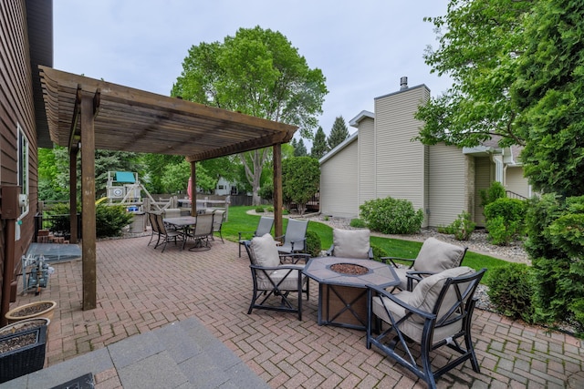 2031 Rose Creek Dr S, Fargo, ND 58104 - view of patio / terrace featuring a fire pit, a pergola, and outdoor dining area