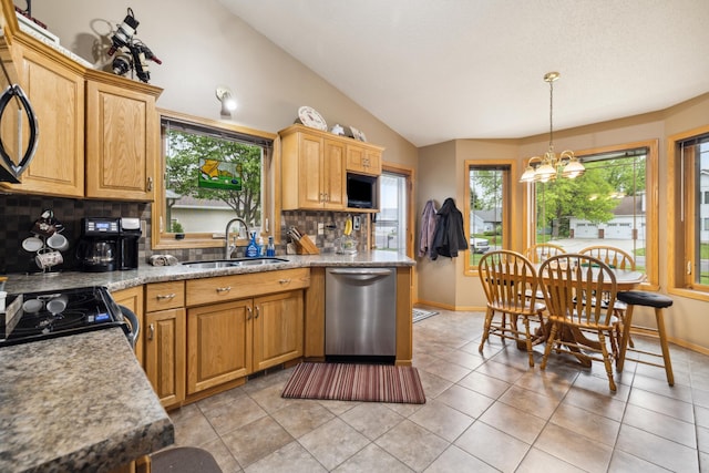 2031 Rose Creek Dr S, Fargo, ND 58104 - kitchen featuring black appliances, a sink, lofted ceiling, tasteful backsplash, and baseboards