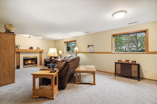 2031 Rose Creek Dr S, Fargo, ND 58104 - carpeted living room with plenty of natural light, a tiled fireplace, and baseboards
