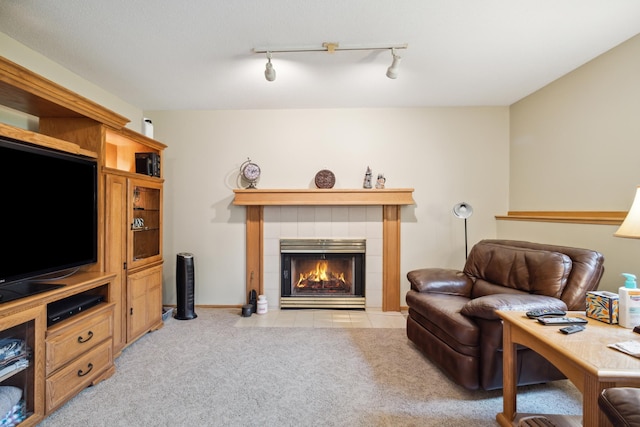 2031 Rose Creek Dr S, Fargo, ND 58104 - living room with rail lighting, a tile fireplace, and light carpet