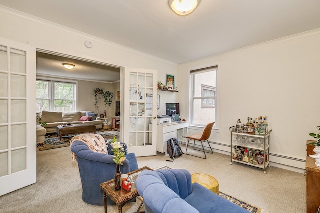 1491 Wynne Ave, Saint Paul, MN 55108 - living area featuring french doors, carpet, crown molding, a baseboard heating unit, and a baseboard radiator