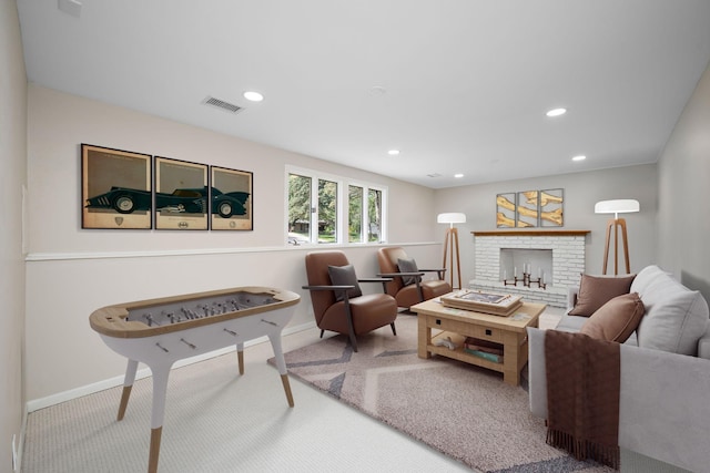 18120 27th Ave N, Plymouth, MN 55447 - carpeted living area featuring baseboards, recessed lighting, and a brick fireplace