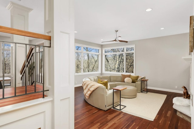 4266 Manor Court Rd, Minnetonka, MN 55345 - living area with dark wood finished floors, a ceiling fan, plenty of natural light, baseboards, and recessed lighting