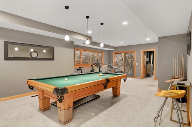4266 Manor Court Rd, Minnetonka, MN 55345 - recreation room with baseboards, light carpet, pool table, and recessed lighting