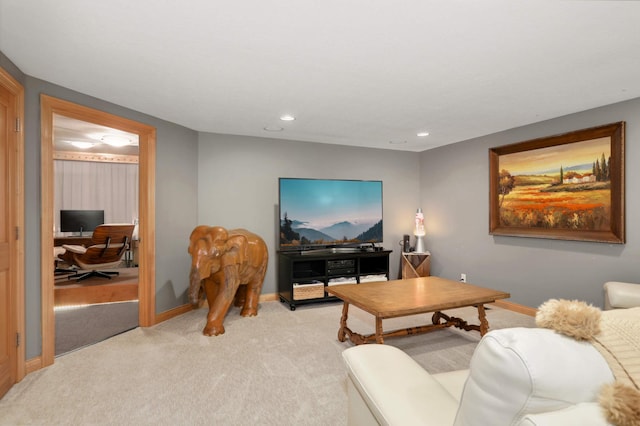 4266 Manor Court Rd, Minnetonka, MN 55345 - living room with light carpet, an office area, recessed lighting, and baseboards