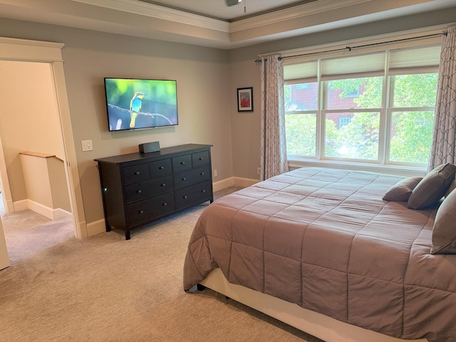 4312 France Ave S, Edina, MN 55410 - bedroom with ornamental molding, baseboards, light carpet, and a tray ceiling
