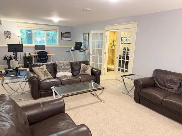 4312 France Ave S, Edina, MN 55410 - carpeted living room with french doors, a desk, and a textured ceiling