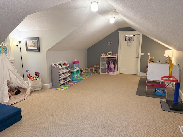 4312 France Ave S, Edina, MN 55410 - game room with carpet, a textured ceiling, lofted ceiling, and baseboards
