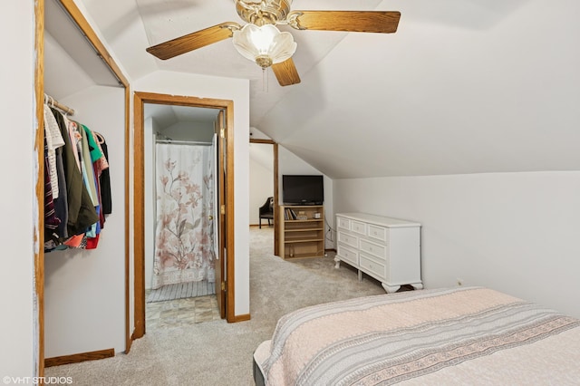 220 State St, Belle Plaine, MN 56011 - bedroom featuring light carpet, lofted ceiling, ceiling fan, and baseboards