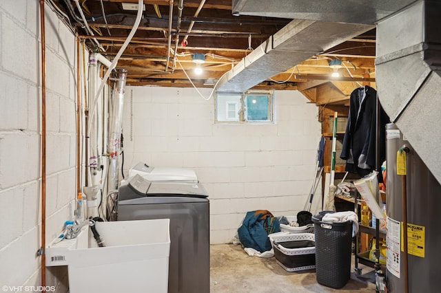 220 State St, Belle Plaine, MN 56011 - unfinished basement featuring washing machine and dryer, gas water heater, and a sink