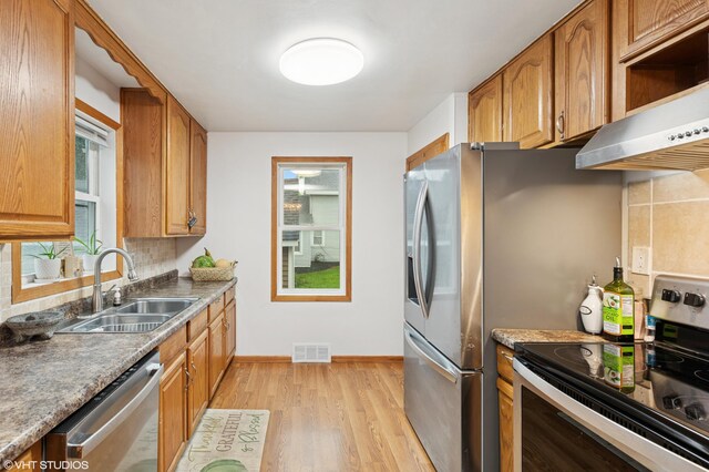 220 State St, Belle Plaine, MN 56011 - kitchen featuring stainless steel appliances, a sink, light wood finished floors, backsplash, and brown cabinetry