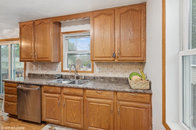 220 State St, Belle Plaine, MN 56011 - kitchen featuring stainless steel dishwasher, a sink, dark countertops, and decorative backsplash