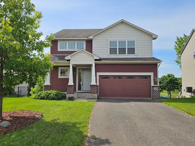 4629 Empress Way N, Hugo, MN 55038 - craftsman-style house with asphalt driveway, central air condition unit, an attached garage, brick siding, and a shingled roof