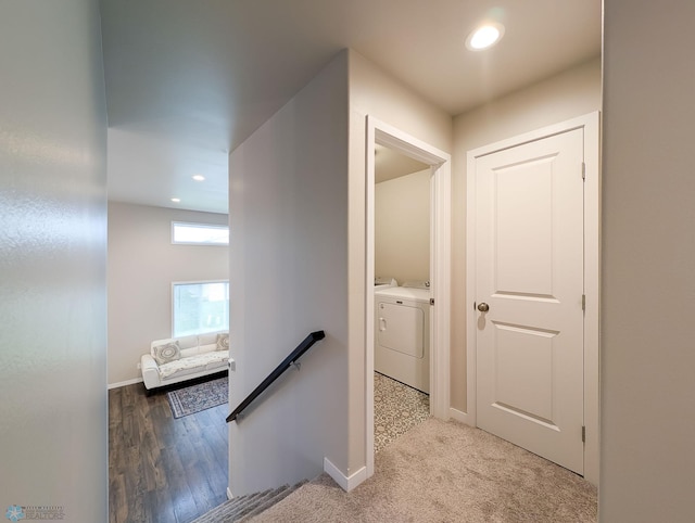 2715 11th St W, West Fargo, ND 58078 - corridor featuring separate washer and dryer, an upstairs landing, and recessed lighting
