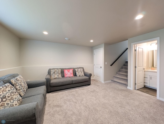 2715 11th St W, West Fargo, ND 58078 - living area with light carpet, stairs, recessed lighting, and bar area