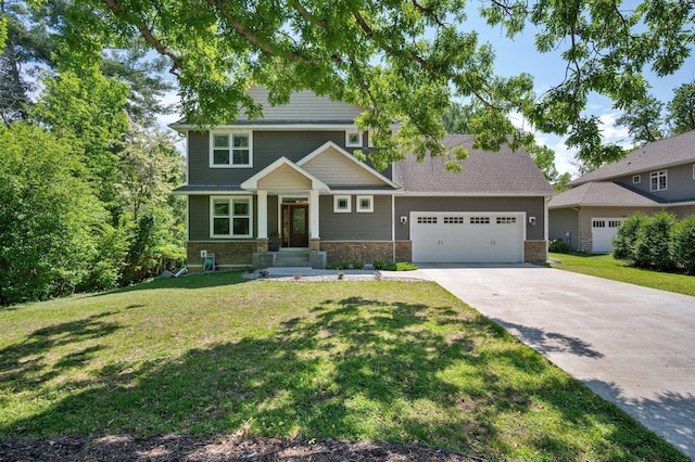 12601 Ridgemount Ave W, Minnetonka, MN 55305 - view of front of property with concrete driveway, an attached garage, a front lawn, and stone siding