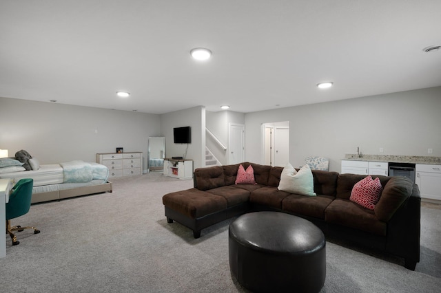 12601 Ridgemount Ave W, Minnetonka, MN 55305 - living area featuring beverage cooler, light colored carpet, bar, stairs, and recessed lighting