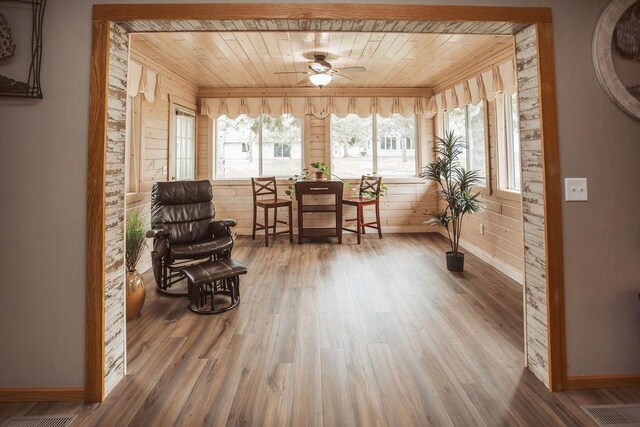2501 Woodridge Ln, Brainerd, MN 56401 - living area featuring wooden ceiling, baseboards, plenty of natural light, wood finished floors, and wood walls
