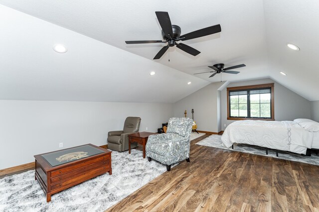 918 Hidden Meadow Ln, Lake City, MN 55041 - bedroom with wood finished floors, vaulted ceiling, recessed lighting, baseboards, and ceiling fan