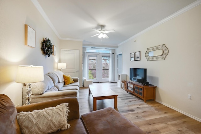 13580 Technology Dr Unit 3222, Eden Prairie, MN 55344 - living room with crown molding, french doors, ceiling fan, light wood-style flooring, and baseboards