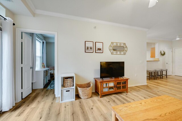 13580 Technology Dr Unit 3222, Eden Prairie, MN 55344 - living room featuring crown molding, light wood-type flooring, a ceiling fan, and baseboards