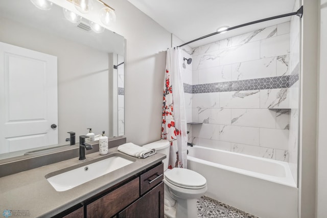 5837 41st St S, Fargo, ND 58104 - bathroom with vanity, shower / tub combo with curtain, and toilet