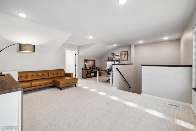 5837 41st St S, Fargo, ND 58104 - living area with light carpet, recessed lighting, an office area, lofted ceiling, and baseboards