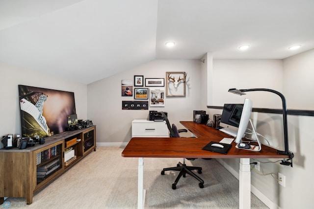 5837 41st St S, Fargo, ND 58104 - office featuring light colored carpet, vaulted ceiling, baseboards, and recessed lighting