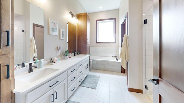 807 Whitetail Ln, Detroit Lakes, MN 56501 - bathroom featuring double vanity, a garden tub, and tile patterned floors