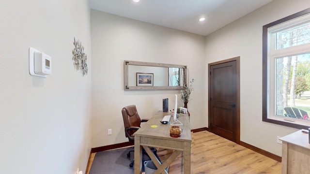 807 Whitetail Ln, Detroit Lakes, MN 56501 - office area with baseboards, light wood finished floors, and recessed lighting