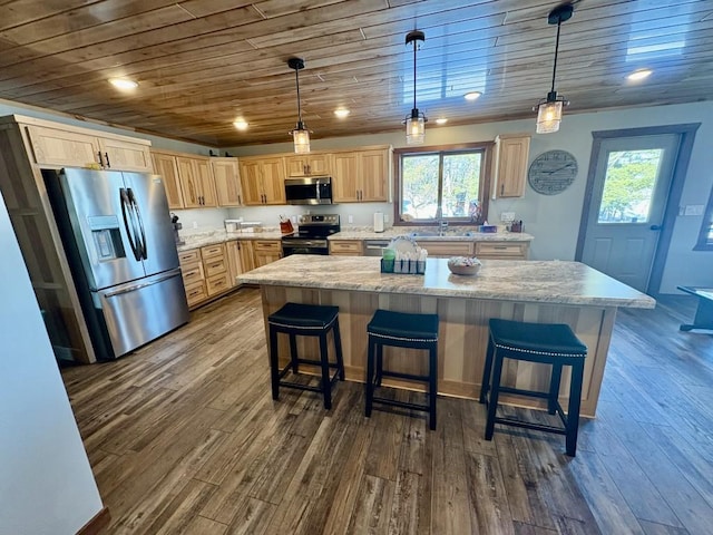 46824 Foss Rd, Osage, MN 56570 - kitchen with stainless steel appliances, light brown cabinetry, wooden ceiling, dark wood-type flooring, and healthy amount of natural light