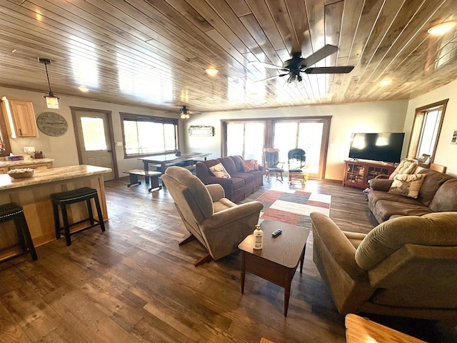 46824 Foss Rd, Osage, MN 56570 - living room featuring wood ceiling, ceiling fan, and dark wood-style floors