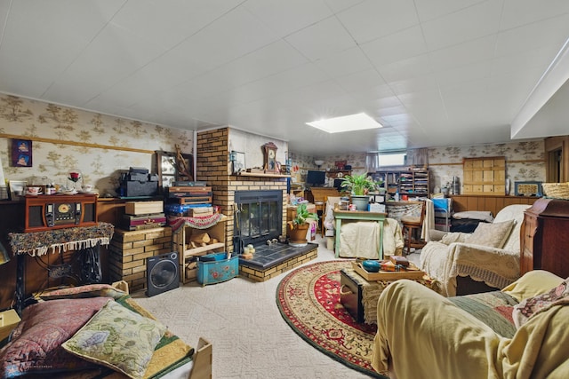 1013 15 1/2 St N, Moorhead, MN 56560 - living area with wallpapered walls, a brick fireplace, and carpet