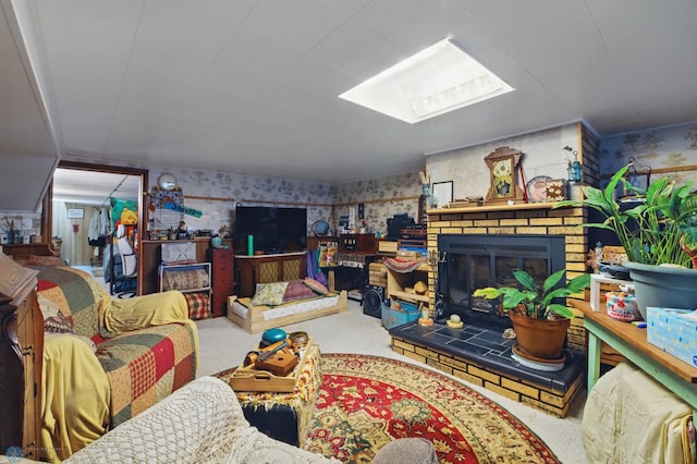 1013 15 1/2 St N, Moorhead, MN 56560 - living room featuring wallpapered walls, a brick fireplace, carpet, and a skylight