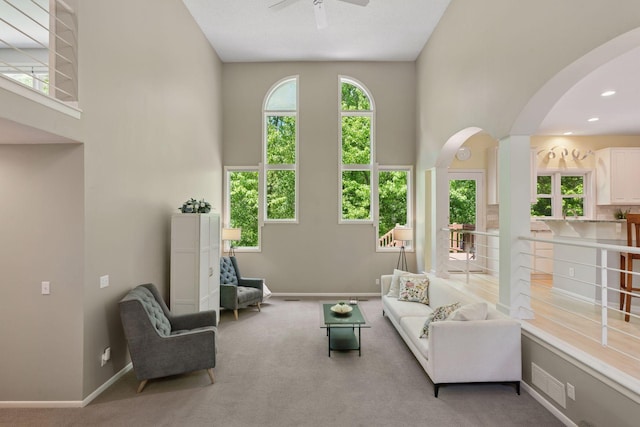6609 Red Birch Ct, Lino Lakes, MN 55014 - living area with arched walkways, ceiling fan, plenty of natural light, carpet, and a high ceiling