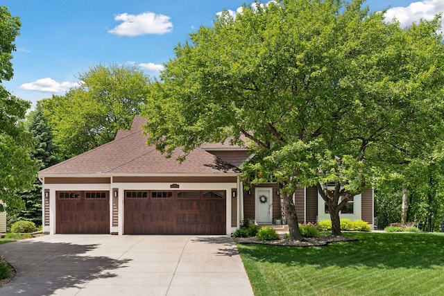 6609 Red Birch Ct, Lino Lakes, MN 55014 - view of property hidden behind natural elements featuring a garage, concrete driveway, roof with shingles, and a front yard
