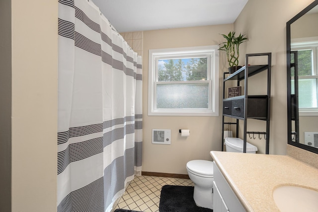 3108 4th Ave, Grand Rapids, MN 55744 - full bathroom featuring toilet, vanity, tile patterned flooring, a shower with curtain, and baseboards
