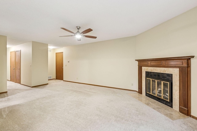 10726 Toledo Ct, Bloomington, MN 55437 - unfurnished living room with a ceiling fan, a fireplace, light carpet, and baseboards