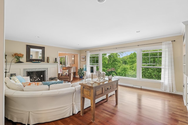 6413 Mendelssohn Ln, Edina, MN 55343 - living area with a fireplace, ornamental molding, wood finished floors, and baseboards