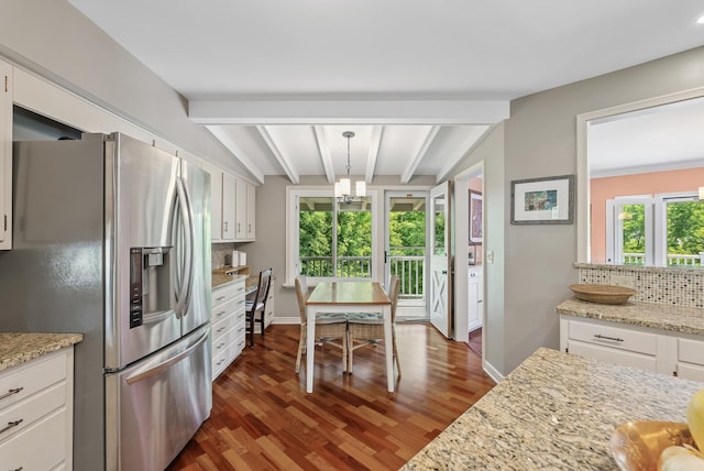 6413 Mendelssohn Ln, Edina, MN 55343 - kitchen featuring stainless steel fridge with ice dispenser, decorative backsplash, white cabinets, beam ceiling, and dark wood-style flooring